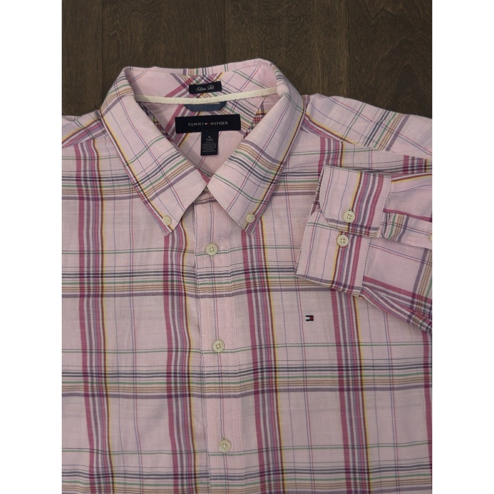 Tommy Hilfiger‎ Slim Fit Shirt Mens Size XL Pink Plaid Button Down Long Sleeve